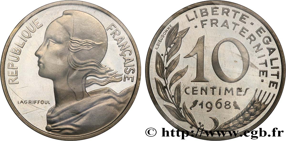 Piéfort Argent de 10 centimes Marianne 1968 Paris GEM.46 P2 ST 