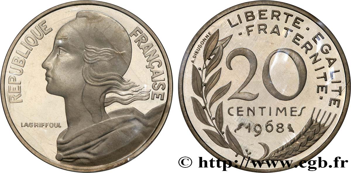 Piéfort Argent de 20 centimes Marianne 1968 Paris GEM.56 P2 MS 