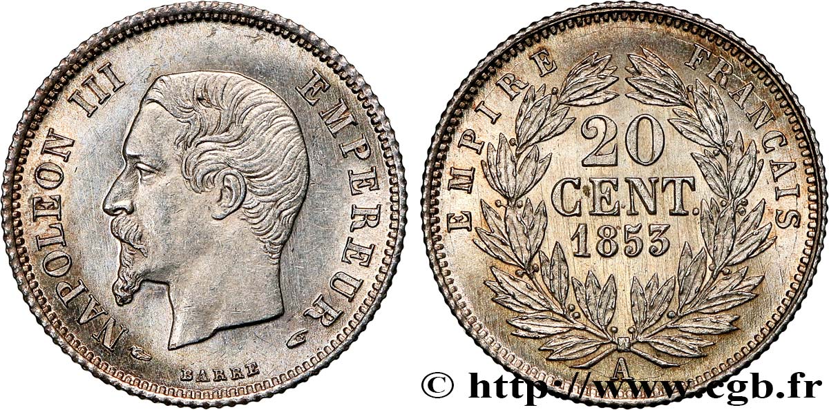 20 centimes Napoléon III, tête nue 1853 Paris F.148/1 MS 