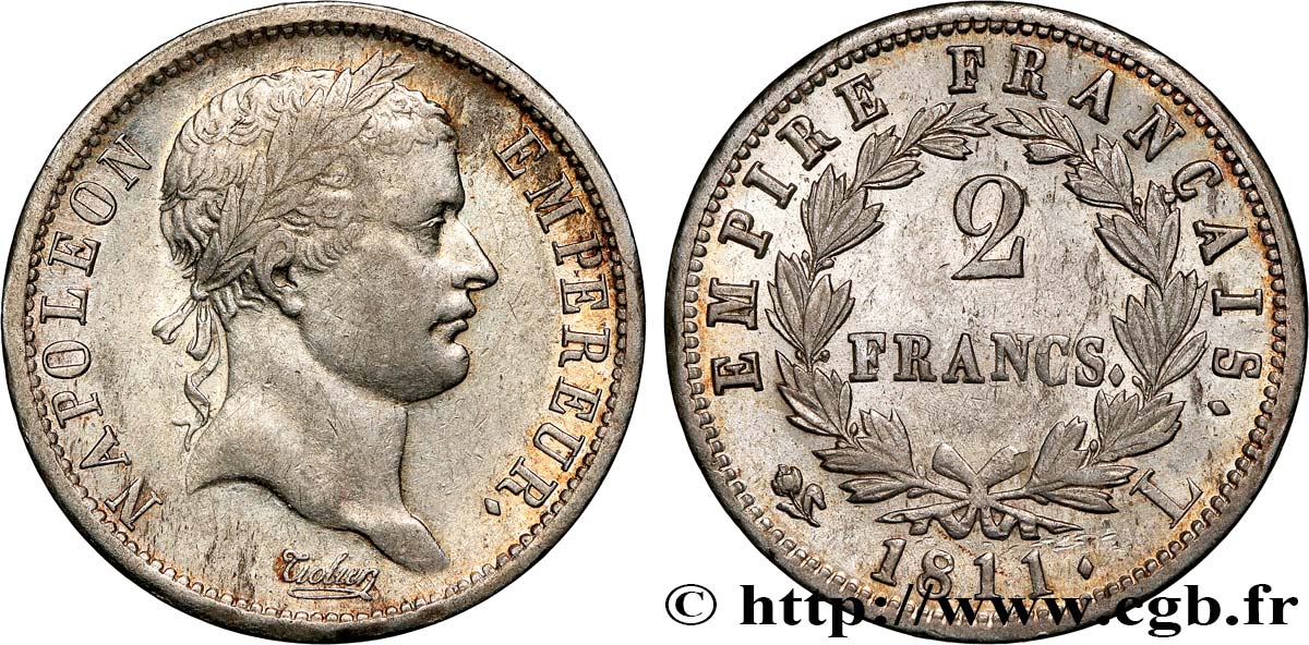 2 francs Napoléon Ier tête laurée, Empire français 1811 Bayonne F.255/31 AU53 