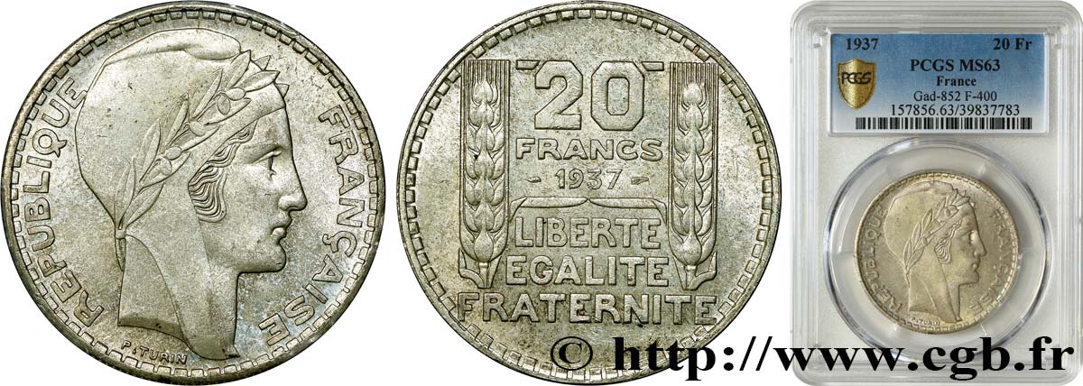 20 francs Turin 1937  F.400/8 SC63 PCGS