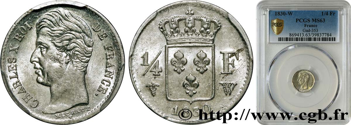 1/4 franc Charles X 1830 Lille F.164/42 SC63 PCGS