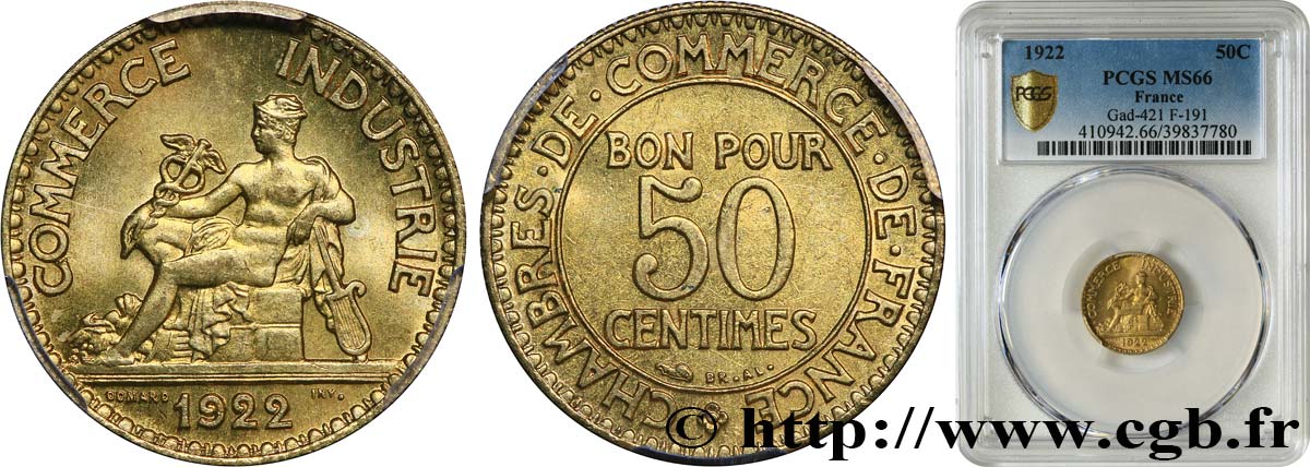 50 centimes Chambres de Commerce 1922 Paris F.191/4 ST66 PCGS