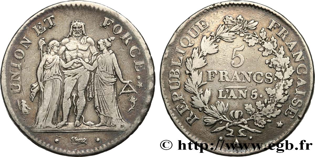 5 francs Union et Force, Union desserré, avec glands intérieurs et gland extérieur 1797 Paris F.291/5 BC+ 