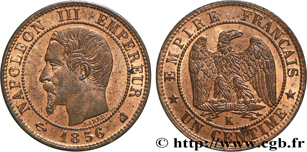 Un centime Napoléon III, tête nue 1856 Bordeaux F.102/30 EBC62 