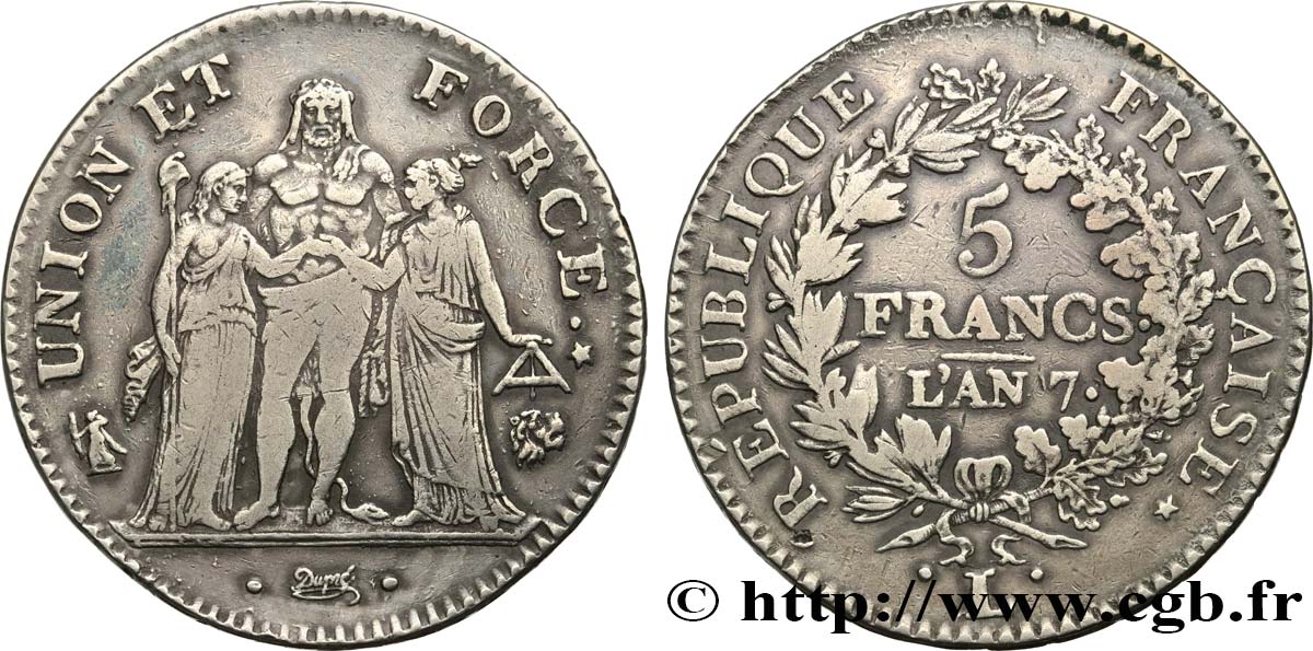 5 francs Union et Force, Union desserré, avec glands intérieurs et gland extérieur 1799 Bayonne/Paris F.291/29 q.BB 