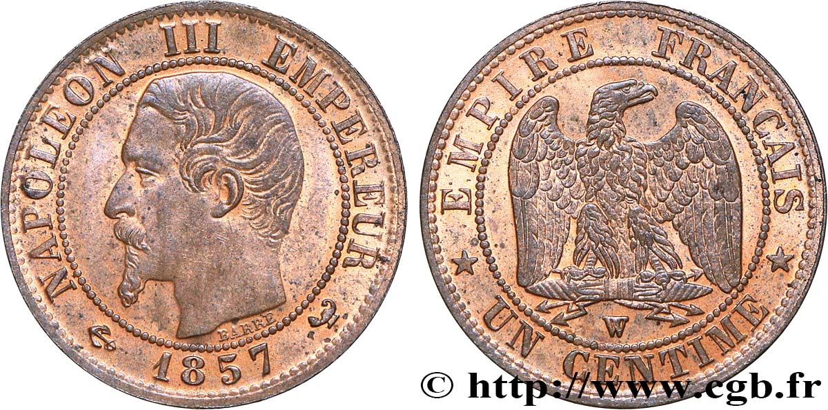 Un centime Napoléon III, tête nue 1857 Lille F.102/38 MS62 