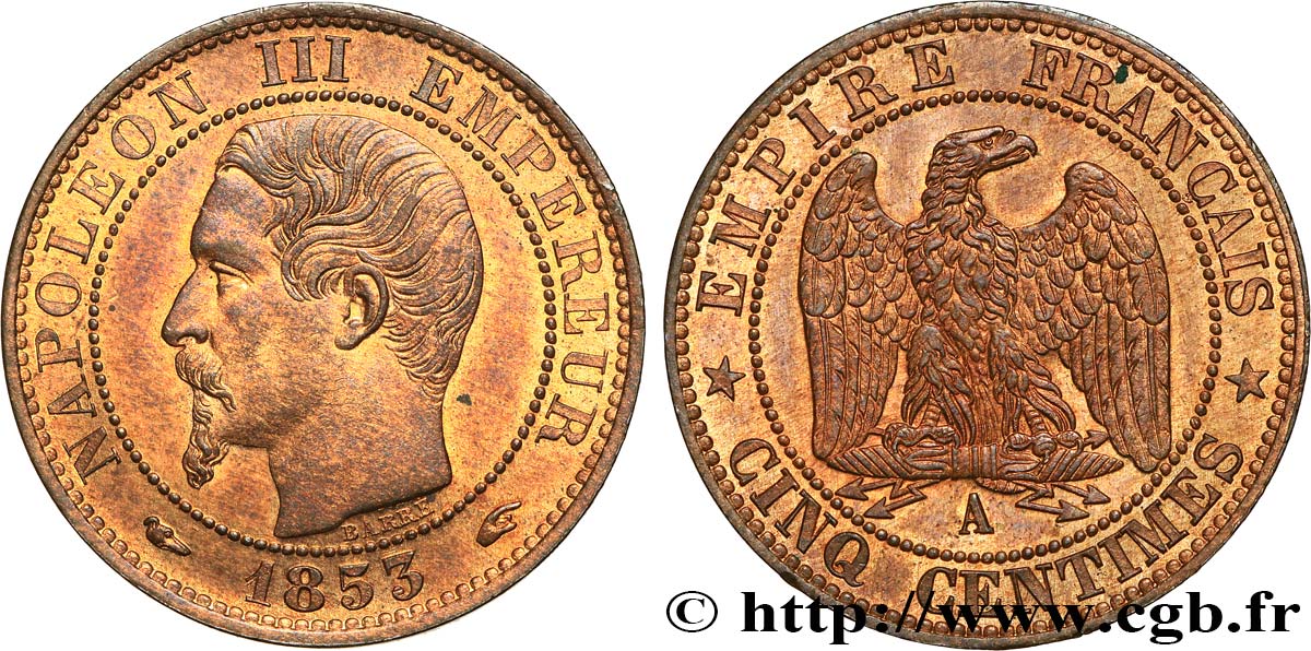 Cinq centimes Napoléon III, tête nue 1853 Paris F.116/1 SPL64 