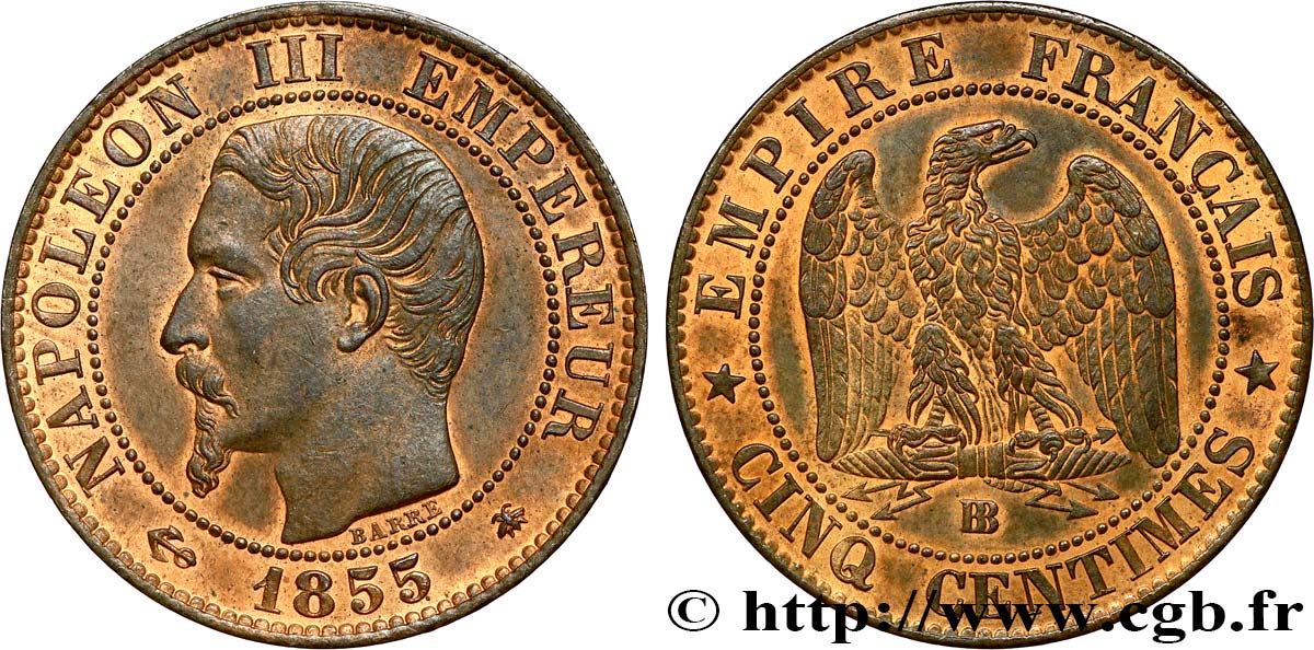 Cinq centimes Napoléon III, tête nue 1855 Strasbourg F.116/21 SPL62 