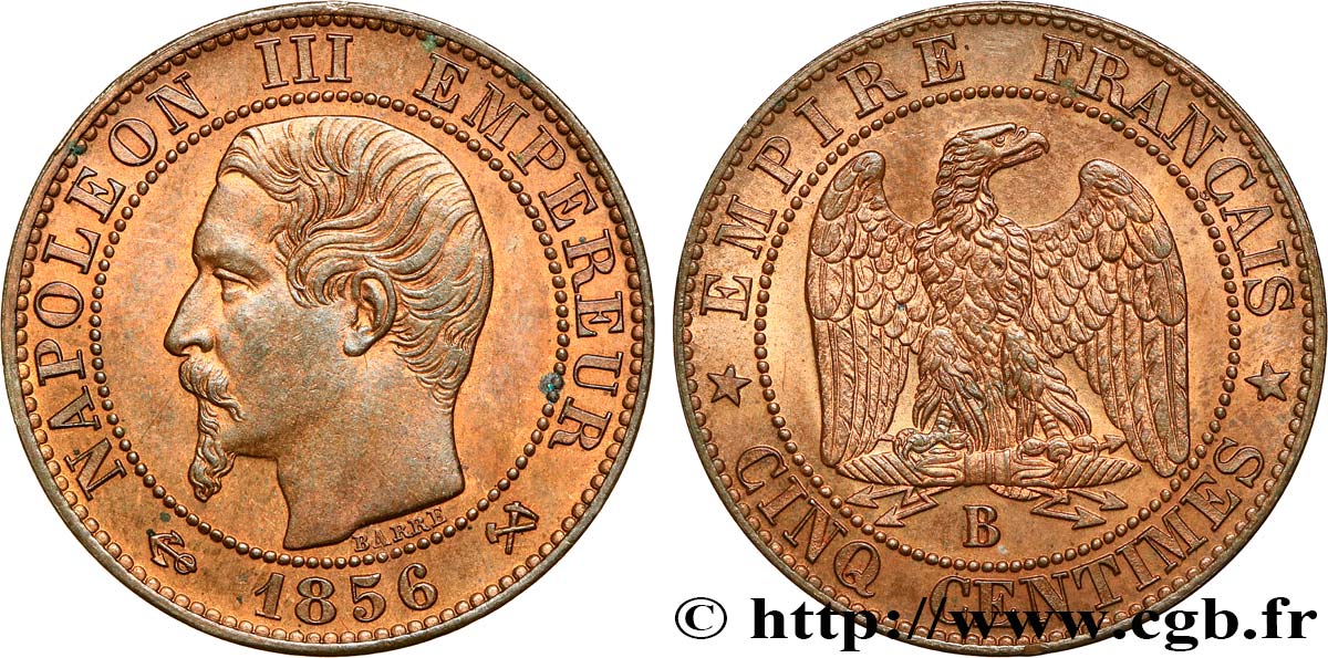 Cinq centimes Napoléon III, tête nue 1856 Rouen F.116/31 SPL62 