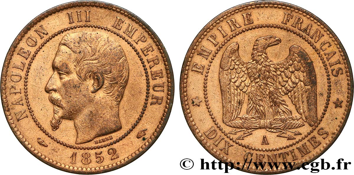 Dix centimes Napoléon III, tête nue 1852 Paris F.133/1 MBC 