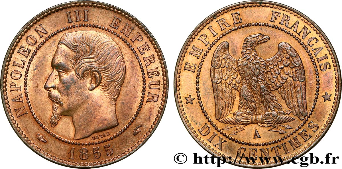Dix centimes Napoléon III, tête nue 1855 Paris F.133/19 SPL61 