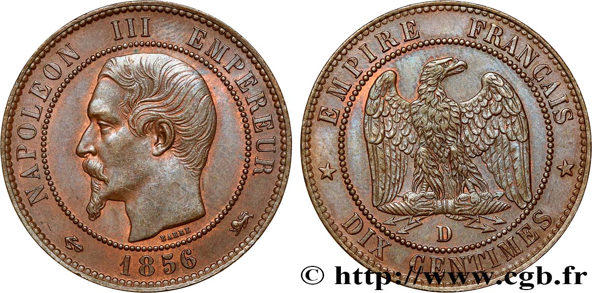 Dix centimes Napoléon III, tête nue 1856 Lyon F.133/37 SUP61 
