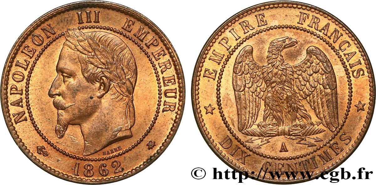 Dix centimes Napoléon III, tête laurée 1862 Paris F.134/7 SUP+ 