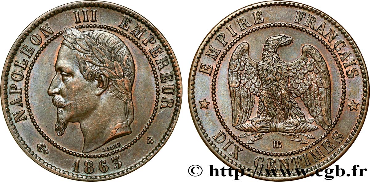 Dix centimes Napoléon III, tête laurée 1863 Strasbourg F.134/11 EBC55 