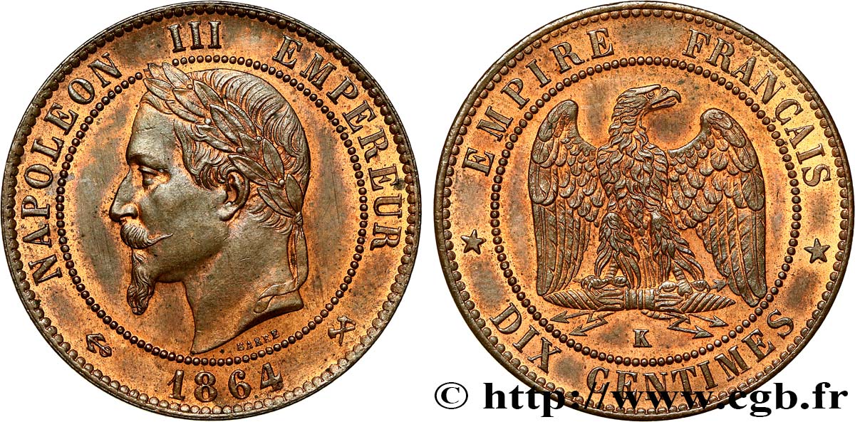 Dix centimes Napoléon III, tête laurée 1864 Bordeaux F.134/15 SPL62 