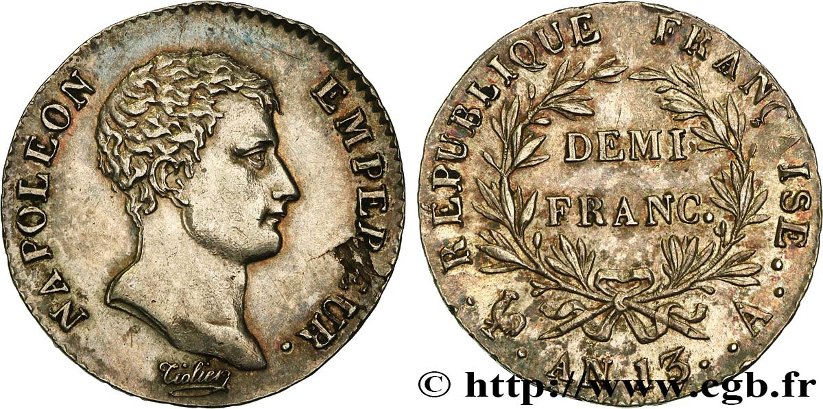 Demi-franc Napoléon Empereur, Calendrier révolutionnaire 1805 Paris F.174/10 VZ 