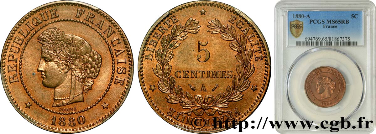 5 centimes Cérès 1880 Paris F.118/21 ST65 PCGS