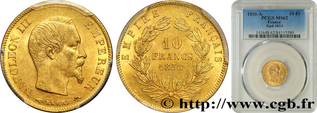 10 francs or Napoléon III, tête nue 1856 Paris F.506/3 VZ62 PCGS