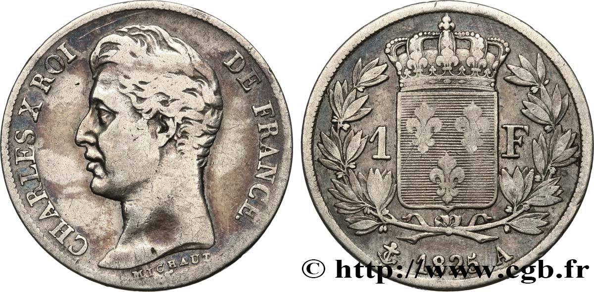 1 franc Charles X, matrice du revers à cinq feuilles 1825 Paris F.207/1 TB 