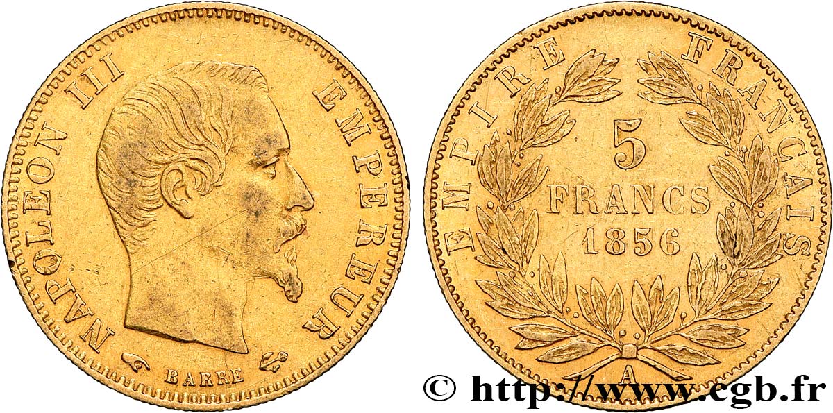 5 francs or Napoléon III, tête nue, grand module 1856 Paris F.501/2 MBC+ 