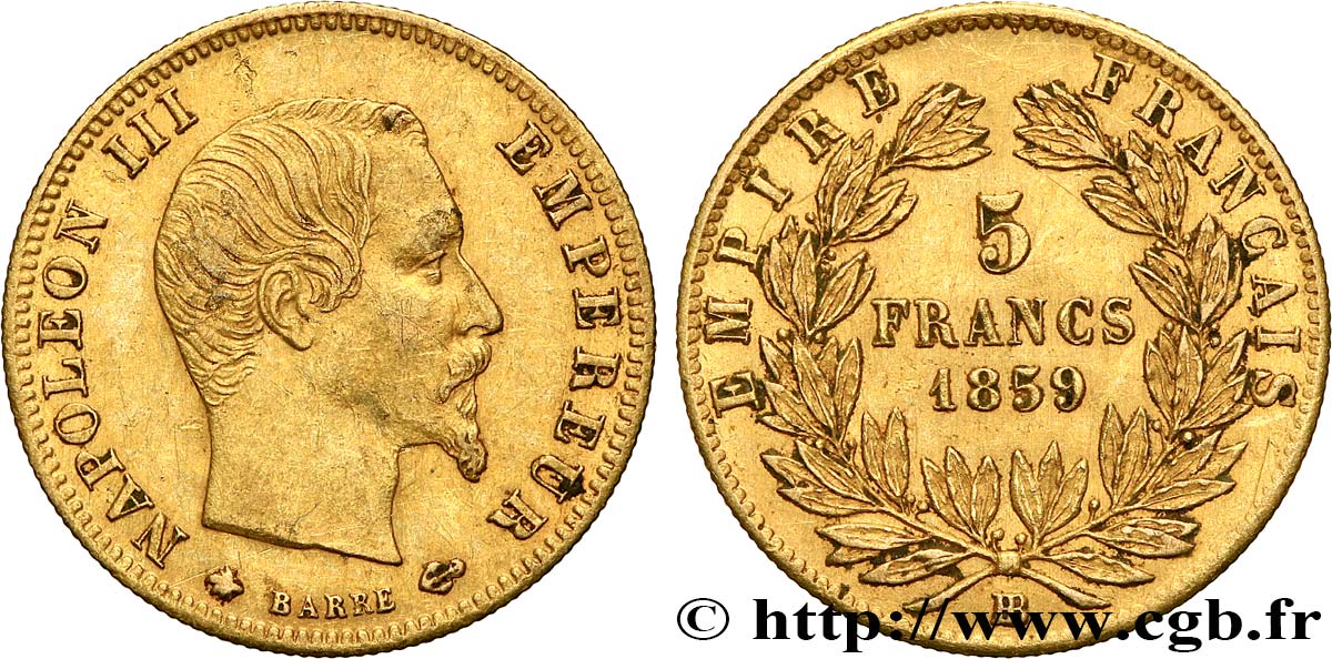5 francs or Napoléon III, tête nue, grand module 1859 Strasbourg F.501/8 MBC53 