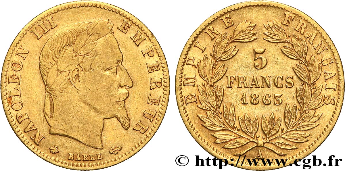 5 francs or Napoléon III, tête laurée 1863 Paris F.502/3 VF/XF 