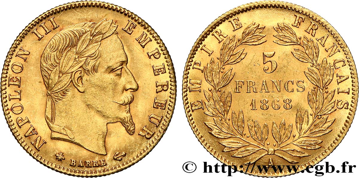 5 francs or Napoléon III, tête laurée 1868 Paris F.502/13 SUP62 