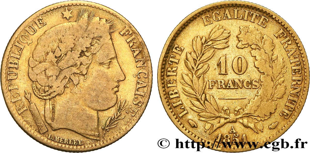 10 francs or Cérès, IIe République 1851 Paris F.504/3 BC25 