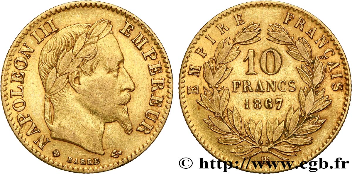 10 francs or Napoléon III, tête laurée, type définitif à grand 10 1867 Strasbourg F.507A/16 XF45 