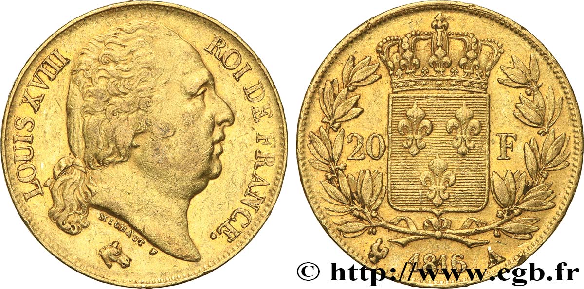 20 francs or Louis XVIII, tête nue 1816 Paris F.519/1 MBC50 