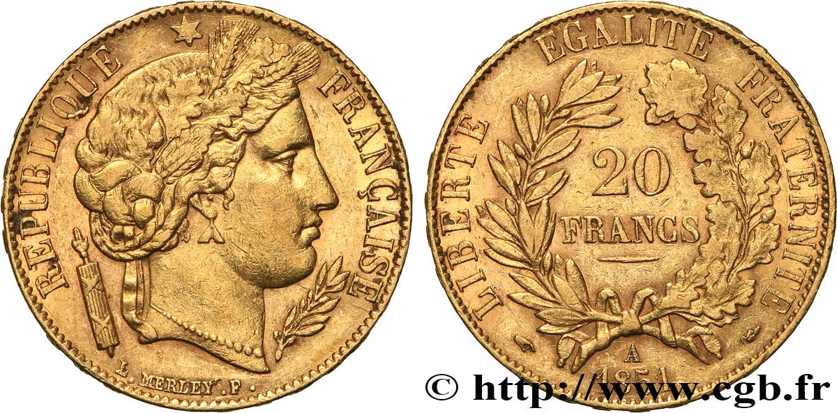 20 francs or Cérès 1851 Paris F.529/4 TTB+ 
