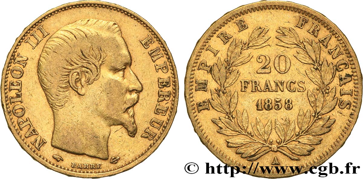 20 francs or Napoléon III, tête nue 1858 Paris F.531/13 VF 