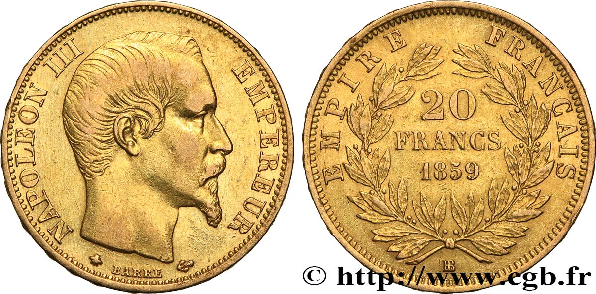 20 francs or Napoléon III, tête nue 1859 Strasbourg F.531/16 AU50 