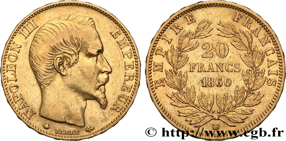 20 francs or Napoléon III, tête nue 1860 Strasbourg F.531/19 MBC 