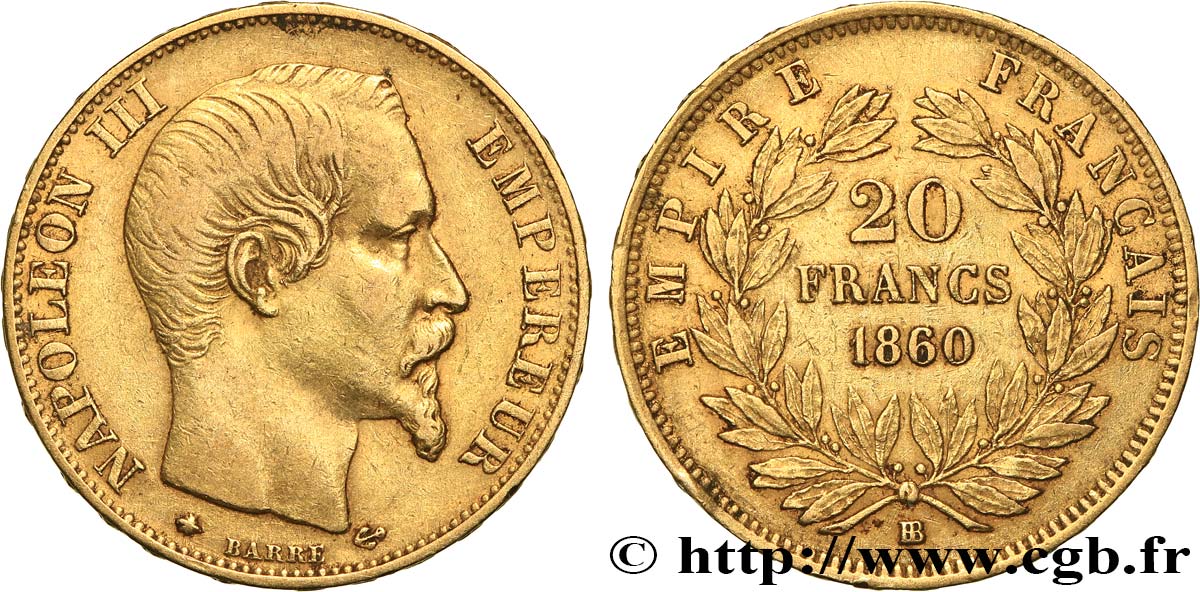 20 francs or Napoléon III, tête nue 1860 Strasbourg F.531/20 fVZ 