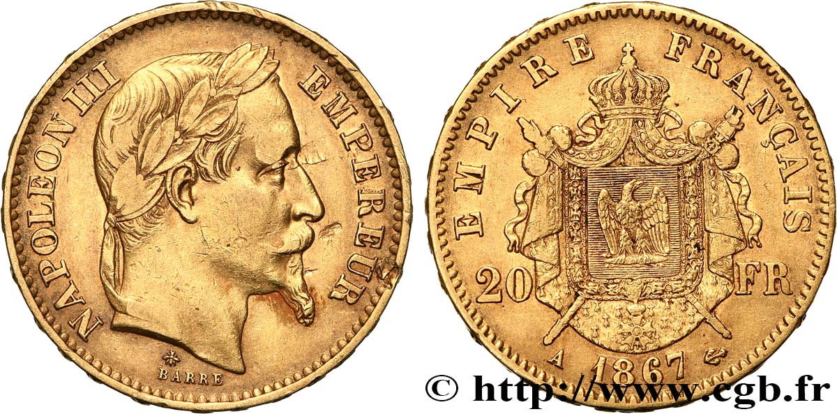 20 francs or Napoléon III, tête laurée 1867 Paris F.532/15 fSS 