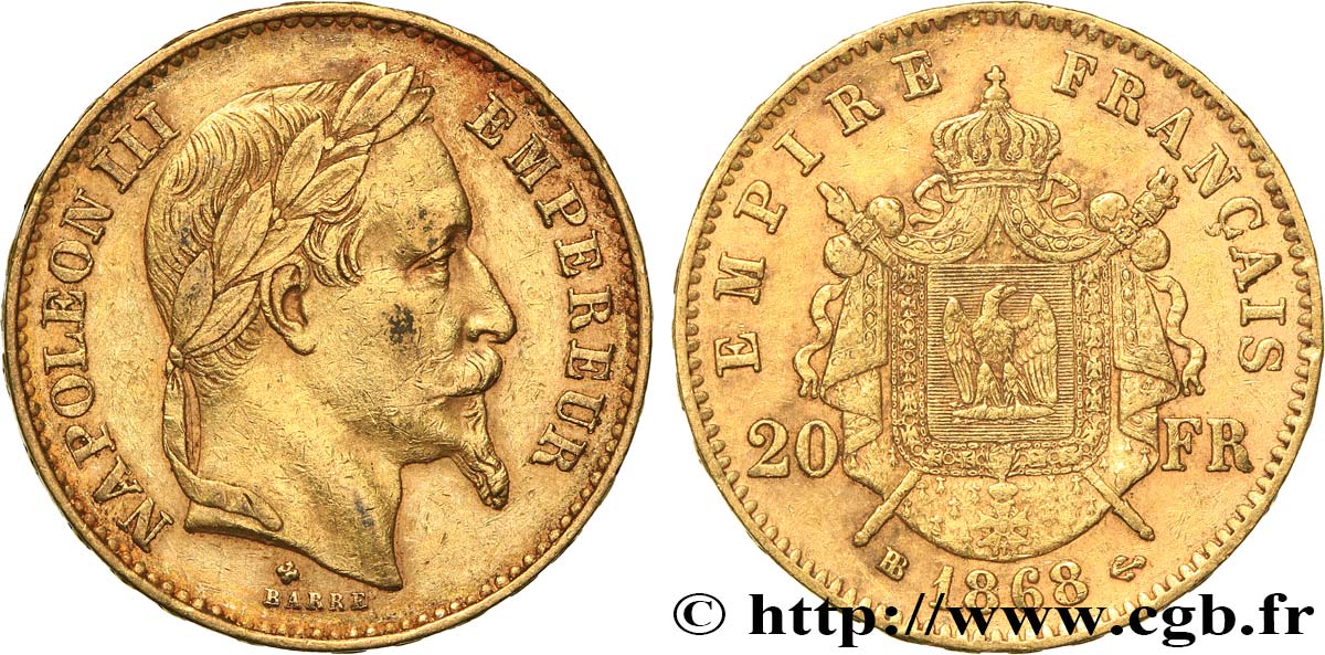 20 francs or Napoléon III, tête laurée 1868 Strasbourg F.532/19 XF 