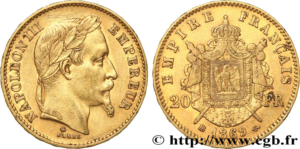 20 francs or Napoléon III, tête laurée, petit BB 1869 Strasbourg F.532/21 SS45 