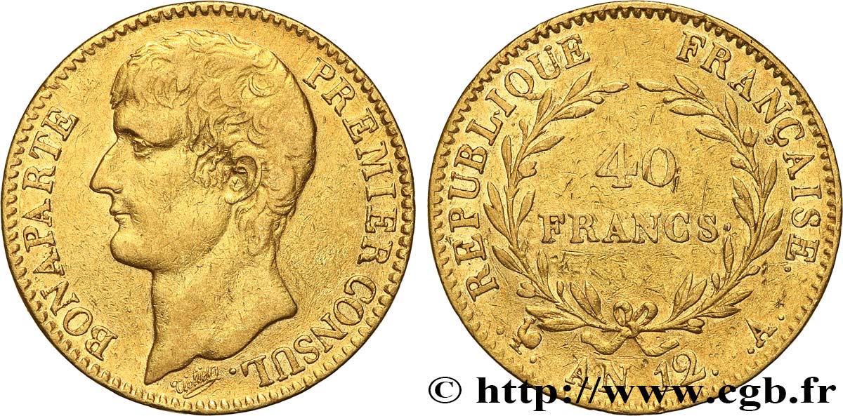 40 francs or Bonaparte Premier Consul 1804 Paris F.536/6 XF 