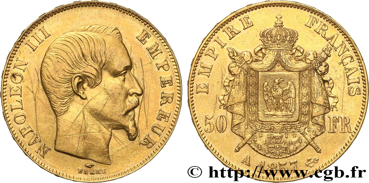 50 francs or Napoléon III, tête nue 1857 Paris F.547/4 q.BB 