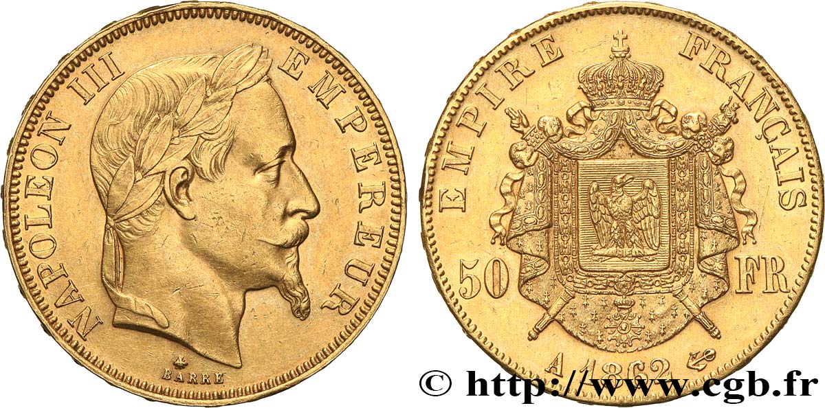 50 francs or Napoléon III, tête laurée 1862 Paris F.548/1 EBC55 