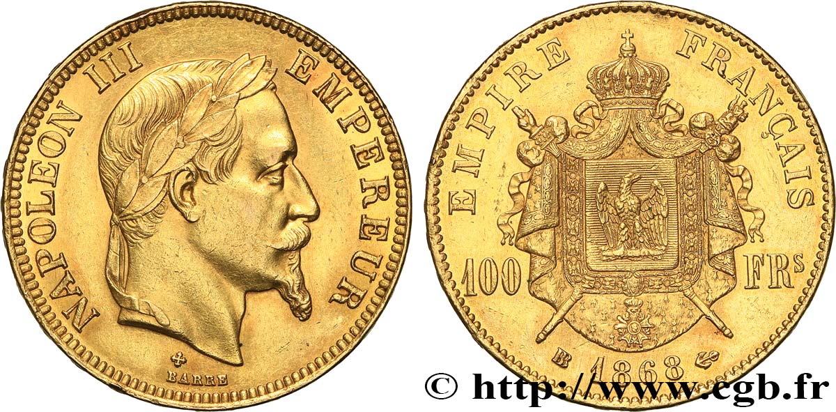 100 francs or Napoléon III, tête laurée 1868 Strasbourg F.551/11 AU 