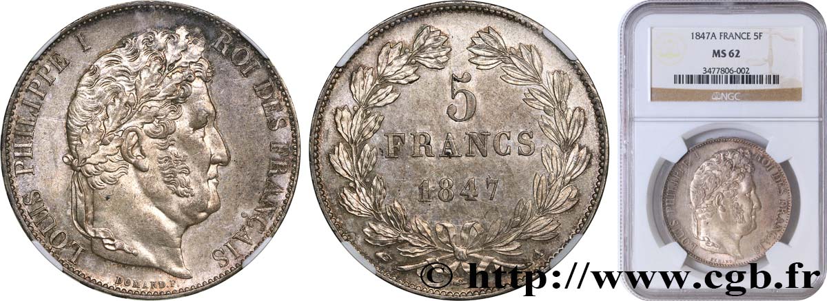 5 francs IIIe type Domard 1847 Paris F.325/14 MS62 NGC