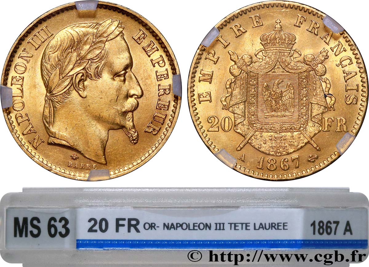 20 francs or Napoléon III, tête laurée 1867 Paris F.532/15 MS63 GENI
