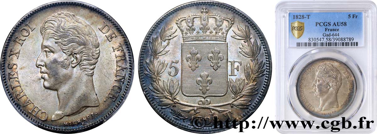 5 francs Charles X, 2e type 1828 Nantes F.311/25 VZ58 PCGS