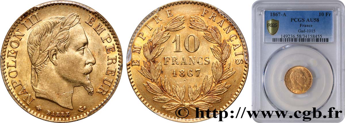 10 francs or Napoléon III, tête laurée 1867 Paris F.507A/15 AU58 PCGS