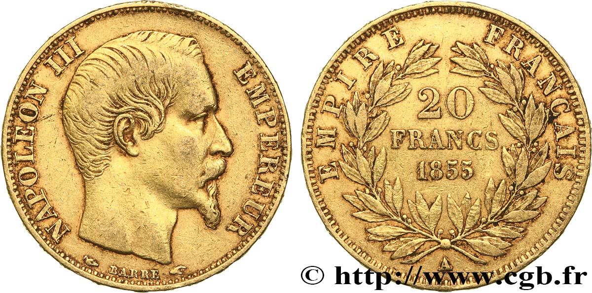 20 francs or Napoléon III, tête nue 1855 Paris F.531/3 XF40 