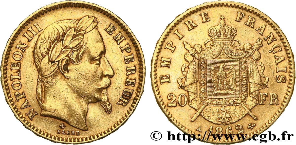 20 francs or Napoléon III, tête laurée 1862 Paris F.532/3 BB 