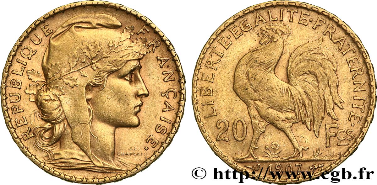 20 francs or Coq, Liberté Égalité Fraternité 1907 Paris F.535/1 q.SPL 
